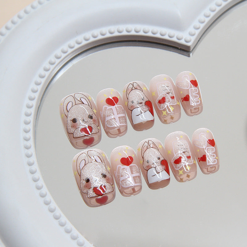 Cute short design nude pink rabbit pattern press on nail with gel