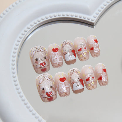 Cute short design nude pink rabbit pattern press on nail with gel