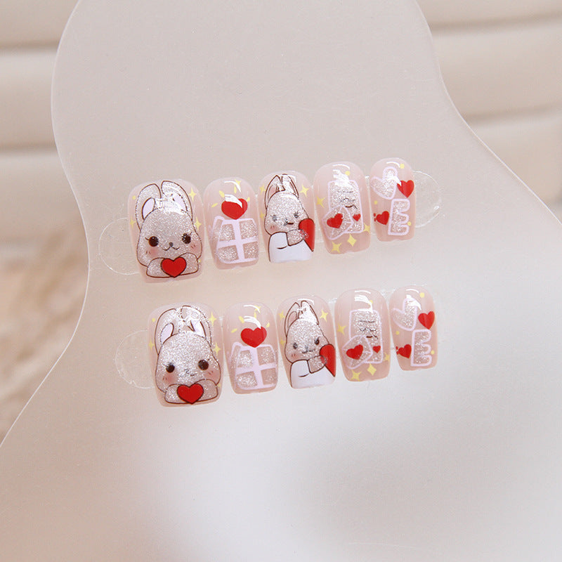 Cute short design nude pink rabbit pattern press on nail with gel