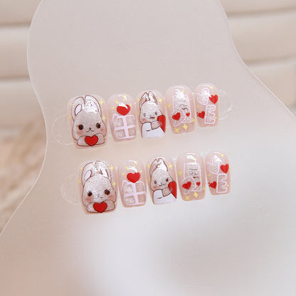 Cute short design nude pink rabbit pattern press on nail with gel