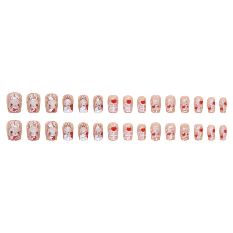 Cute short design nude pink rabbit pattern press on nail with gel