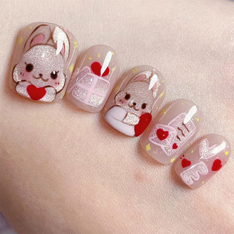 Cute short design nude pink rabbit pattern press on nail with gel