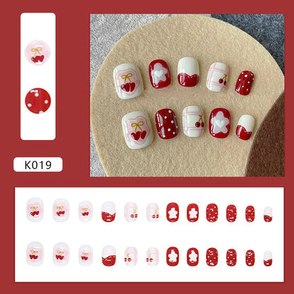 Red polka dot strawberry design short type cute press on nail