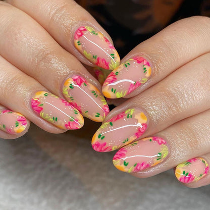 Oval shape flore pattern nude color coloful sweet cute press on nail