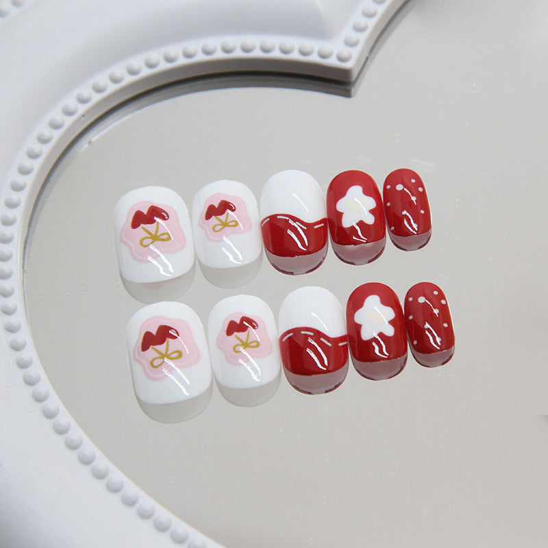 Red polka dot strawberry design short type cute press on nail