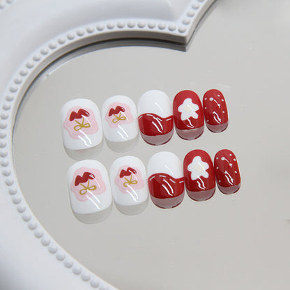 Red polka dot strawberry design short type cute press on nail