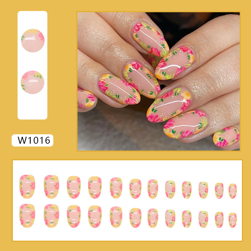 Oval shape flore pattern nude color coloful sweet cute press on nail