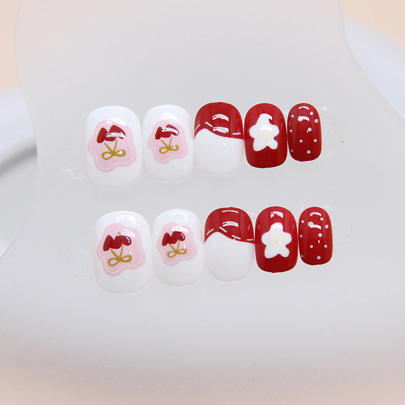 Red polka dot strawberry design short type cute press on nail