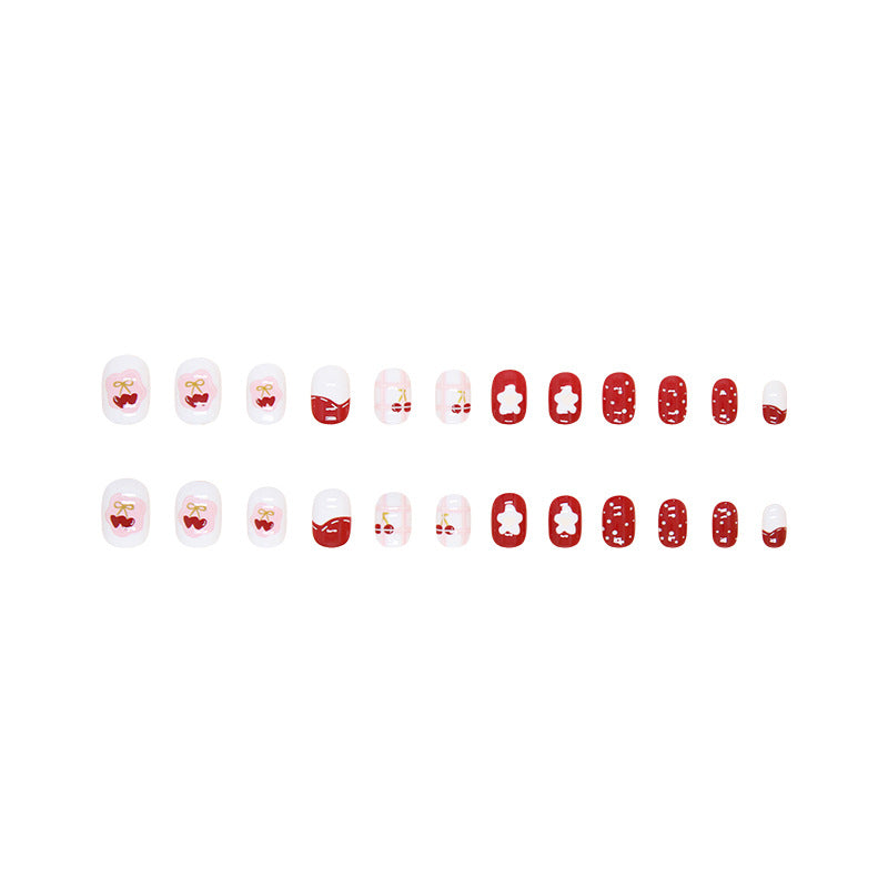 Red polka dot strawberry design short type cute press on nail