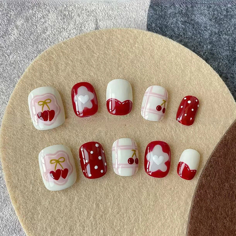 Red polka dot strawberry design short type cute press on nail