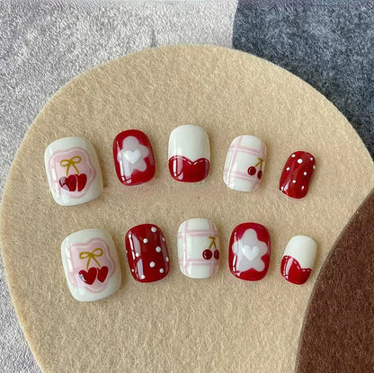 Red polka dot strawberry design short type cute press on nail