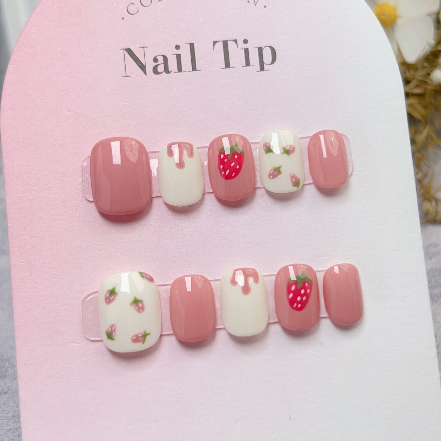 Short square manicure cute strawberry removable press on nails