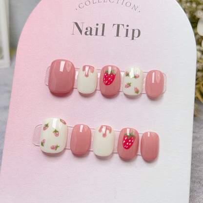 Short square manicure cute strawberry removable press on nails