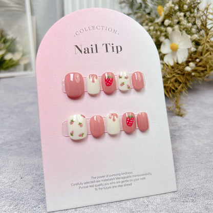 Short square manicure cute strawberry removable press on nails