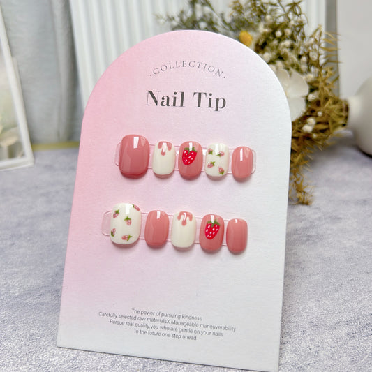 Short square manicure cute strawberry removable press on nails