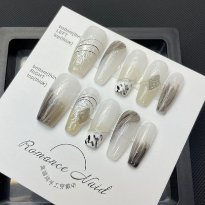 delicate style hand-painted smudged nail art coffin false nails