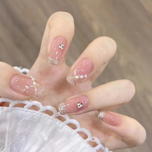 Fashionable short ballet design diamond peal press on nail