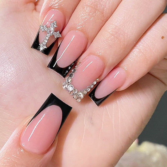 French black design luxury false nail diamond cross decoration press on nail for women