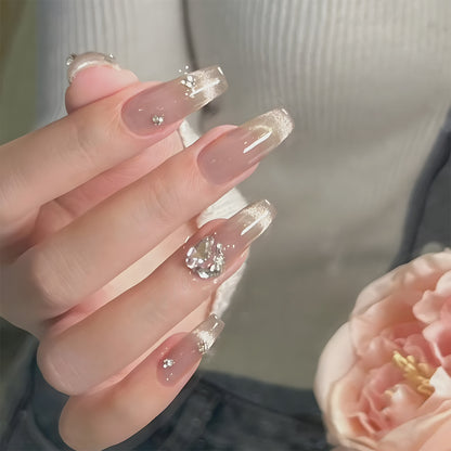 Nude color cat eye melting women long coffin shape gradient press on nail with diamond