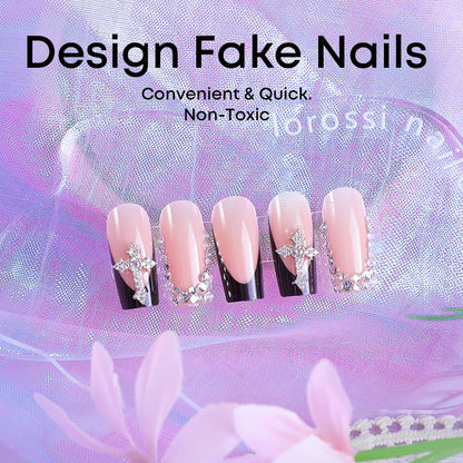 French black design luxury false nail diamond cross decoration press on nail for women