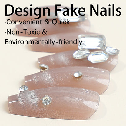 Nude color cat eye melting women long coffin shape gradient press on nail with diamond