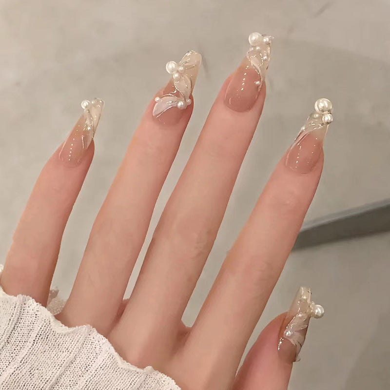 24pcs Frost through press on nail with pearl design