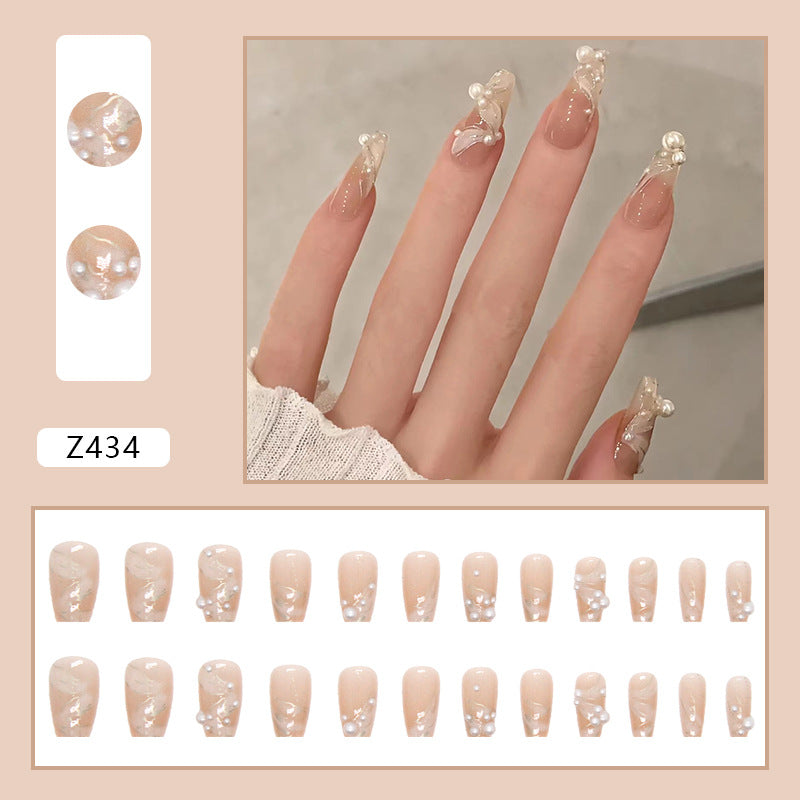 24pcs Frost through press on nail with pearl design