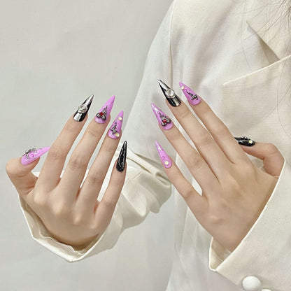 Pink-black irregular metal decora high-end Durable fake nails