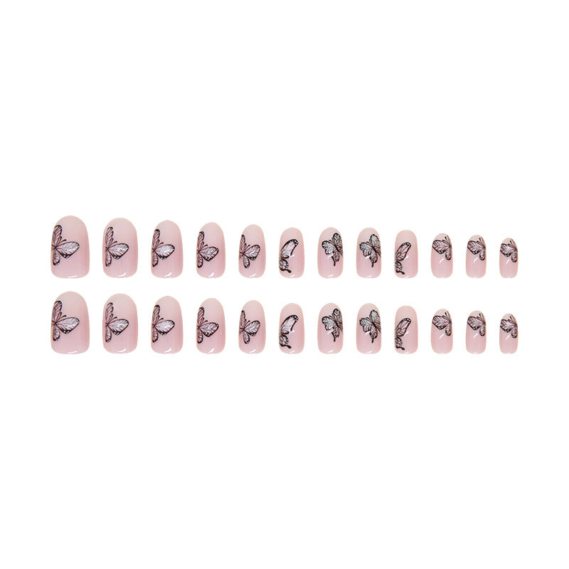 24pcs oval nail blooming nude color women fashion press on nail with butterfly