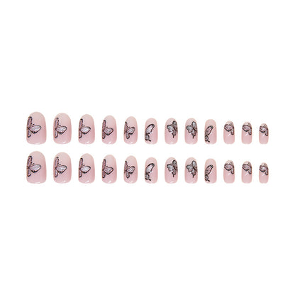 24pcs oval nail blooming nude color women fashion press on nail with butterfly