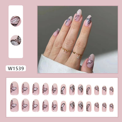 24pcs oval nail blooming nude color women fashion press on nail with butterfly