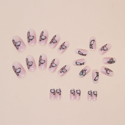 24pcs oval nail blooming nude color women fashion press on nail with butterfly