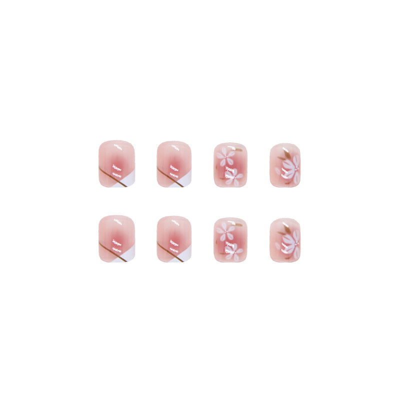 Short round design natural flore pattern pink press on nail