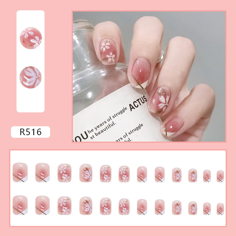 Short round design natural flore pattern pink press on nail