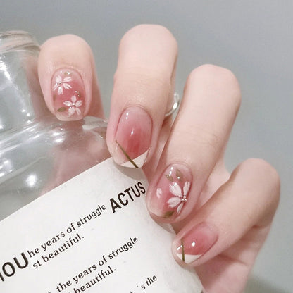 Short round design natural flore pattern pink press on nail