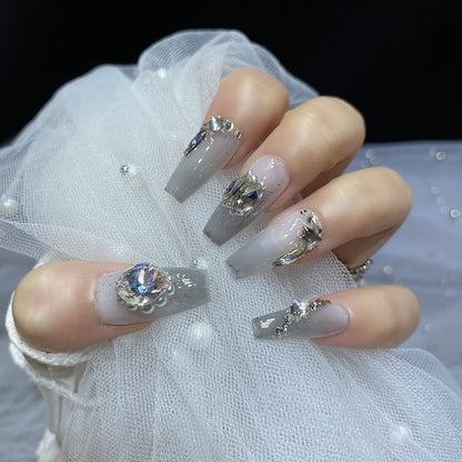 Flashing diamond gradient grey fake nail art