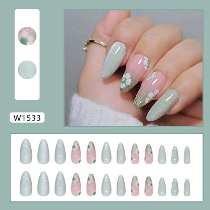 Summer fresh glitter powder fake nail gel sticker almond flore press on nail for women