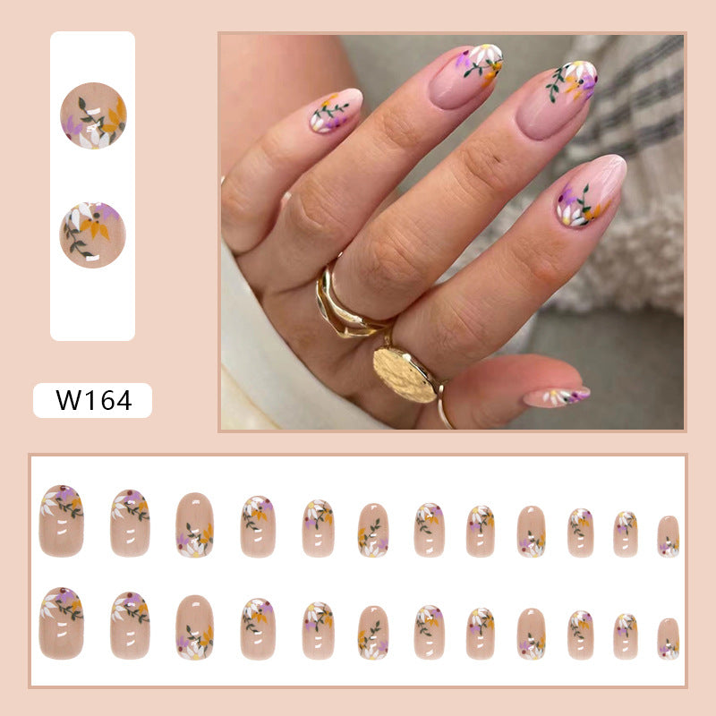 Fashionable press on nail nude color flore pattern 24pcs fake nail