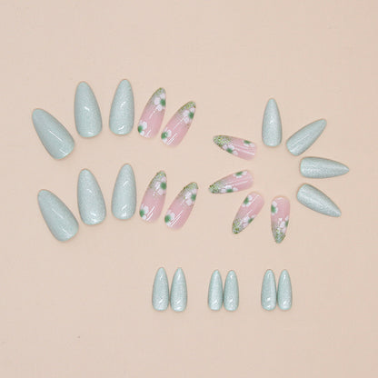 Summer fresh glitter powder fake nail gel sticker almond flore press on nail for women