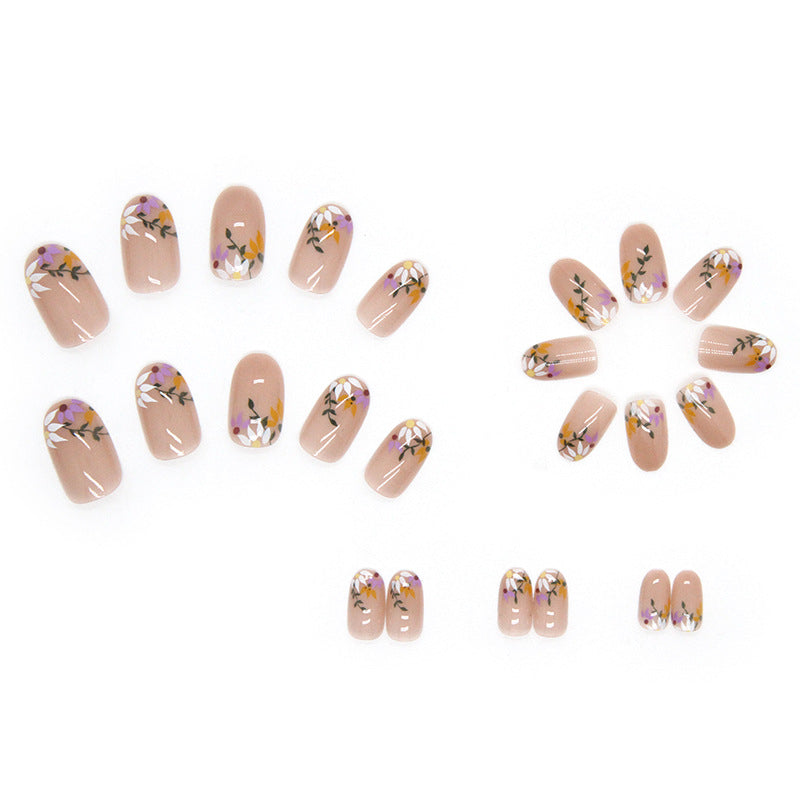 Fashionable press on nail nude color flore pattern 24pcs fake nail