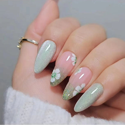 Summer fresh glitter powder fake nail gel sticker almond flore press on nail for women