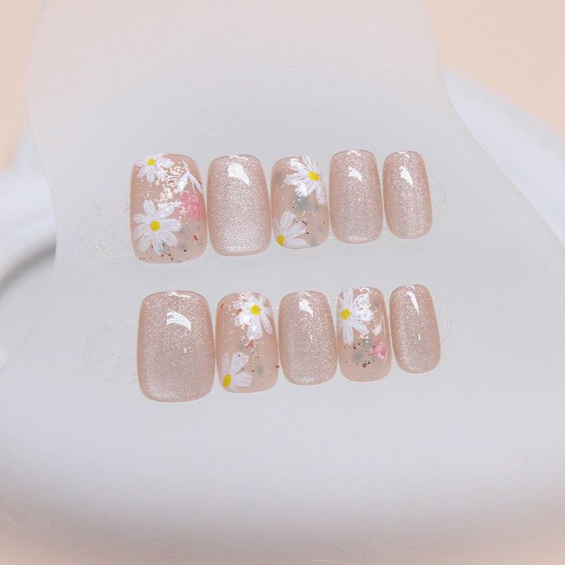 Flower cat eye design short fresh square fake nail with jelly gel