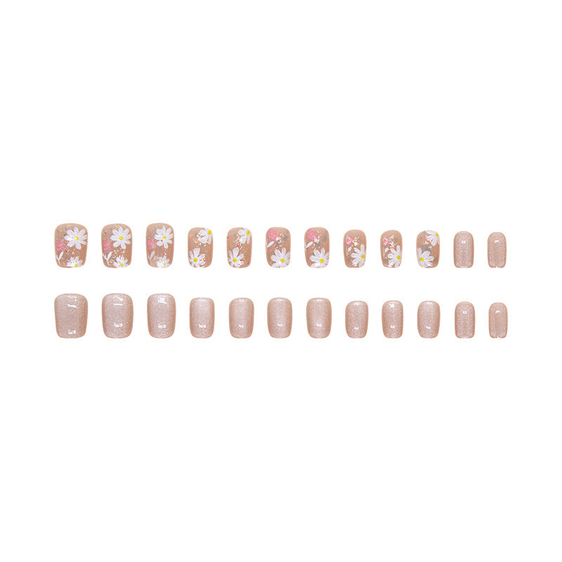 Flower cat eye design short fresh square fake nail with jelly gel