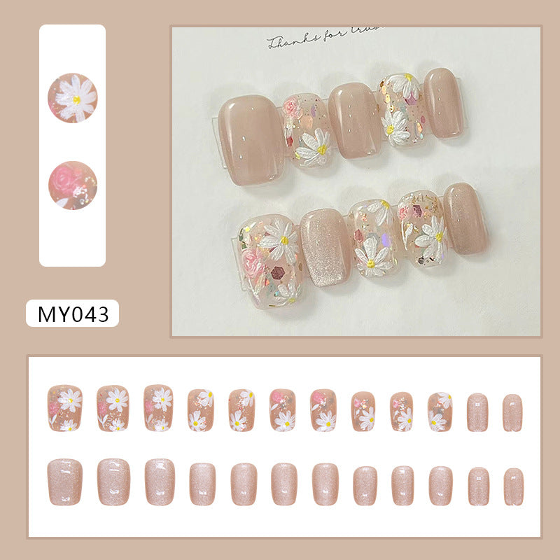 Flower cat eye design short fresh square fake nail with jelly gel