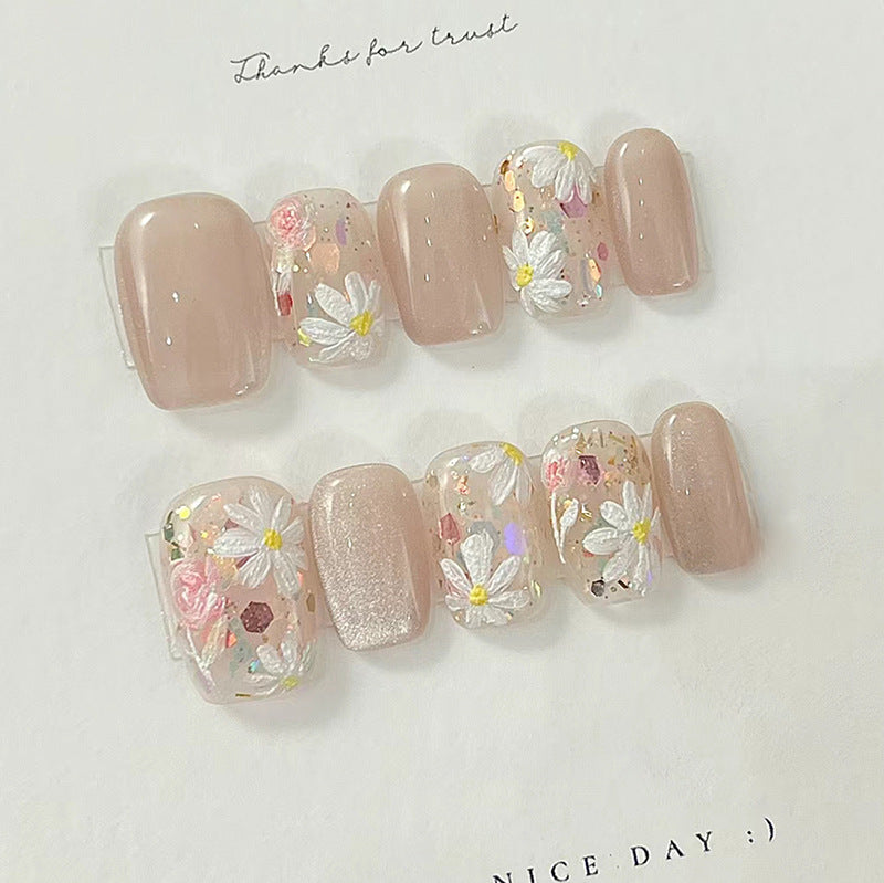 Flower cat eye design short fresh square fake nail with jelly gel