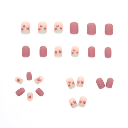 Tulip pattern short nail pea sand frosted press on nail