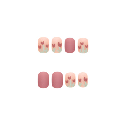 Tulip pattern short nail pea sand frosted press on nail