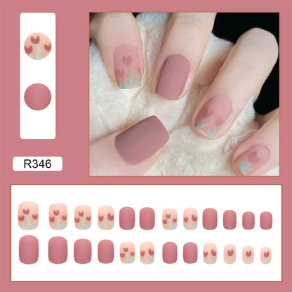 Tulip pattern short nail pea sand frosted press on nail