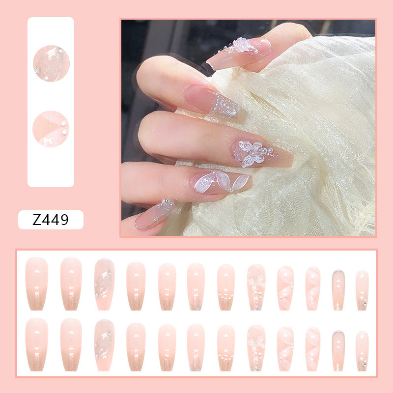 3D fake nail nude pink gentle sweet crystal press on nail with buttlefly