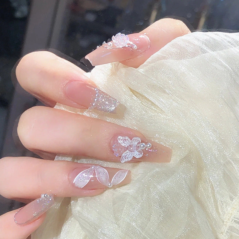 3D fake nail nude pink gentle sweet crystal press on nail with buttlefly